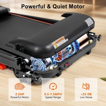Folding Treadmill for Home with Heart Rate Sensor, 2.5HP Quiet Motor, 300lbs Capacity, 7.5MPH, Incline, USB Charging & Bluetooth Speaker, 6 Shock Absorbing, Black Metal