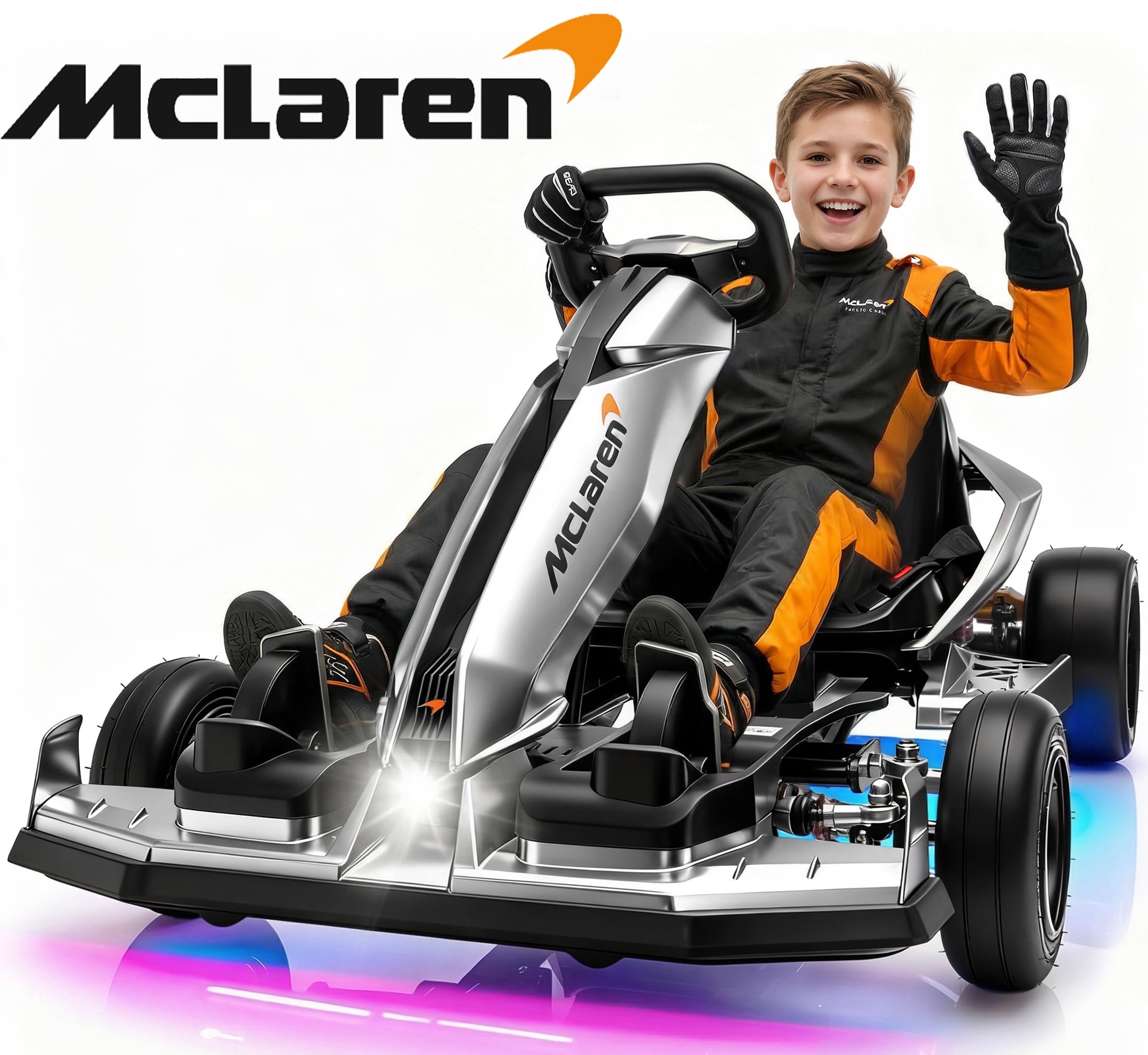 McLaren 48V Electric Go Kart for Adults & Teens, 750W Powered Motor Ride On Toy, LED Light, Hydraulic Disc Brake, 4 Wheel Spring Suspension, 3 Levels Adjustable Chassis, Foldable Design, Silver