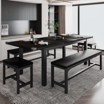 iPormis 5-Piece Dining Table Set for 4-8 People, Extendable Kitchen Table Set with 2 Benches and 2 Square Stools