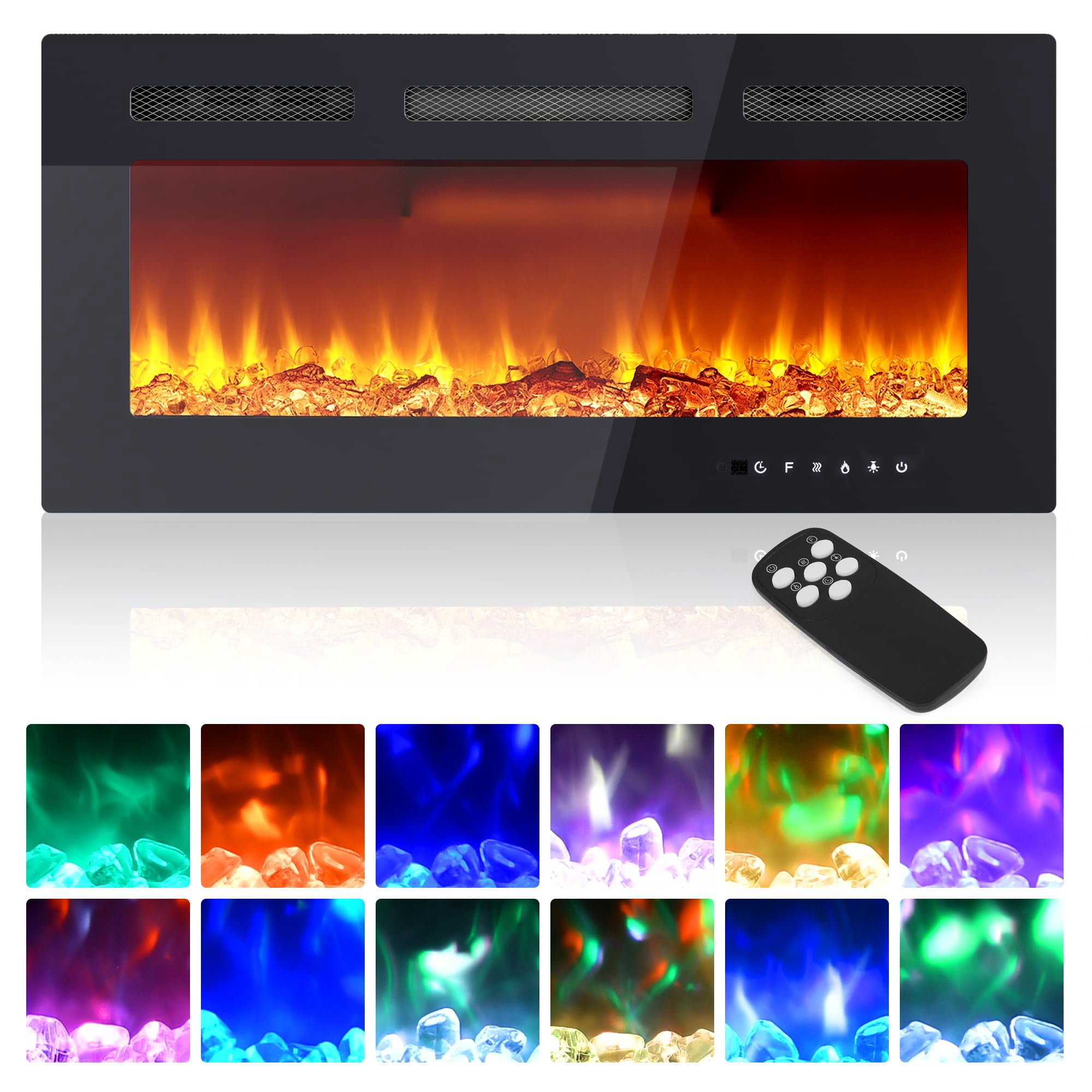 Electric Fireplace 36 Inch, Ultra-Thin Recessed and Wall Mounted Fireplace Heater, Linear Fire Place w/Thermostat, Remote & Touch Screen, Multicolor Flame, Timer, Logs & Crystal, 120V 1500W