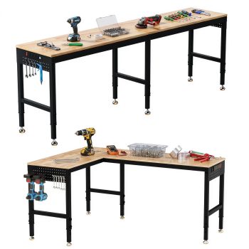 Getyes 72" L-Shaped Workbench with Power Outlets, 5000 LBS Heavy Duty Adjustable 2-in-1 Work Table, Rubber Wood Pegboard Workstation for Garage and Workshop