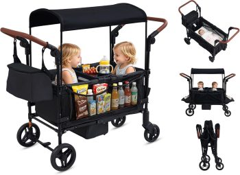 ICEELF 2-Seater Wagon Stroller for 2 Kids, Reversible Seats, Removable Canopy, Snack Tray, Large Storage, Foldable, Adjustable Double Push Handles
