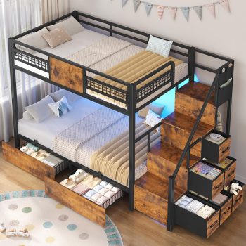 Afuhokles Bunk Bed Twin Over Twin with Stairs, LED Lights Twin Bunk Bed with 2 Storage Drawers and 6 Fabric Drawers