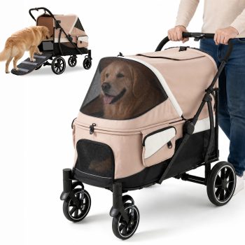 BELNEST Large Dog Stroller with Rear Ramp, One-Hand Fold, One-Foot Brake, Swivel Wheels, Breathable Mesh Windows and Storage bags, 140lb capacity, Light Khaki