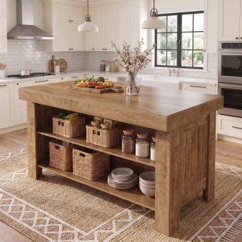 Fnova 55" Kitchen Island with Storage Shelves, 3-Tier Modern Wooden Stationary Island with Seating, Large Worktop Buffet Cabinet for Kitchen