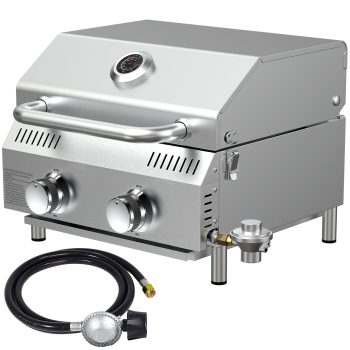 Frizi 2 Burner Propane Gas Grill with Dual Fuel Adapter,20000 BTU Stainless Steel Portable Tabletop Grill for Outdoor Barbecue Camping Cooking RV