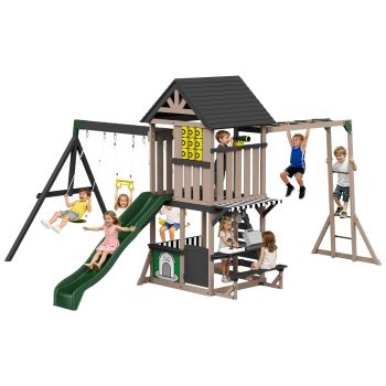 LUXOAK Wooden Swing Set for Kids, Large Outdoor 11-in-1 Playset with Playhouse, Wave Slide, 2 Swings, Climbing Wall, 200" D x 161" W x 114" H