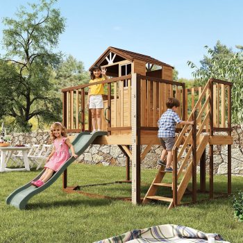 Heynemo Backyard Wooden PlaySet for Kids Ages 3-10 - 9-in-1 Outdoor Playhouse with Slide, Sandbox, Play Kitchen, Growth Chart & Safety Rails (Natural Fir)