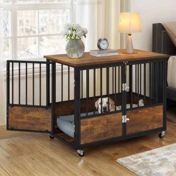 Uforic 38-Inch Wooden Dog Crate Furniture with Wheels and Double-Doors,Dog Kennel,Dog Cage for Indoor