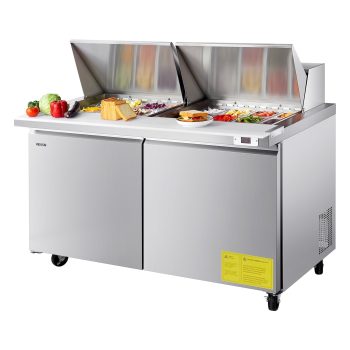 VEVOR 60"W Commercial Refrigerator, 15.4 Cu. Ft Sandwich Prep Refrigerated Table,Mega Top Food Prep Fridge with 24 Pans and Cutting Board,Stainless Steel Salad Prep Cooler for Restaurant,Food Truck