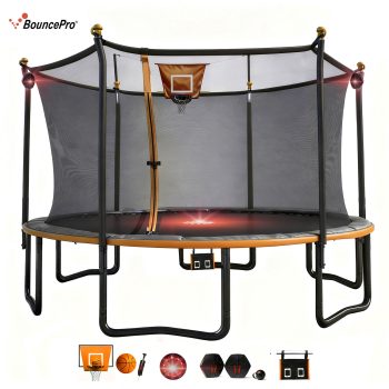 Sportspower BouncePro 15ft Multiplay Trampoline Meets ASTM Safety Standards, Heavy-Duty Rust-Resistant Painted Steel Frame, Safety Net, Basketball, Electronic Target Game & Flashing Lights