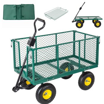 4-in-1 Oversized Steel Dump Garden Cart, 880lbs Pullable Mesh Metal Utility Cart, All-Terrain Wagon with Removable Liner, Side Panels & Mesh Tray for Lawn, Patio, Landscaping