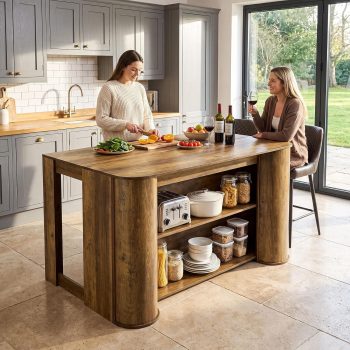 Finmind 55" Kitchen Island with Storage Shelves, Farmhouse Island Table with Seating, Rustic Brown