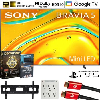 Sony K98XR50 BRAVIA 5 98" Mini LED 4K HDR TV (2025) Bundle with CPS Exclusive 26 Month Protection, Wall Mount, 2x HDMI Cables, Surge Adapter & Deco Gear Complete Home Theater Beginner's Guidebook