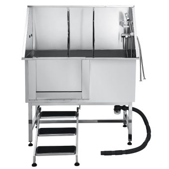 KFFKFF Stainless Steel Pet Grooming Tub, 50 inch Dog Washing Station with Steps, Water Filter Board, Faucet, Showerhead, and Soap Holder for Pets of All Sizes (Left Door)