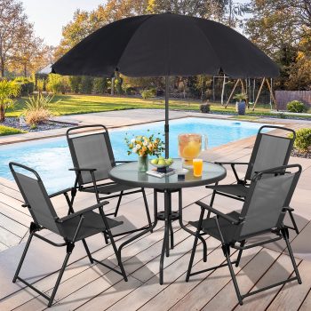 Walsunny 6 Piece Patio Furniture Set with Umbrella, Outdoor Patio Dining Set with 4 Folding Chairs and Tempered Glass Dining Table