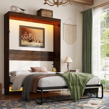 ChVans Size Murphy Wall Bed with 2 LED Lights, Farmhouse Wood Space-Saving Hidden Folding Bed Chest, Multifunctional Storage Cabinet Bed with Gas Struts for Bedroom, Guest Room, Office