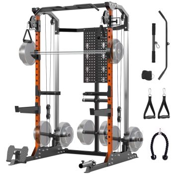 2000LB Power Cage Squat Rack – Dual Pulley Cable Crossover – Multi-Function Power Rack for Home Gym – Full Body Strength Training Equipment with Attachments – Orange Column