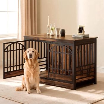 Fowroa 52 Inch Wooden Dog Crate Furniture, Double Arched Door Indoor Kennel for Extra Large Dogs