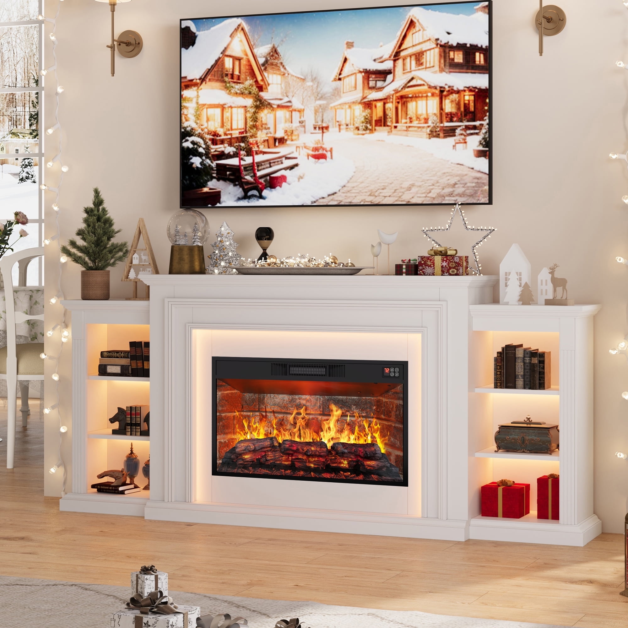 80" Fireplace TV Stand with Led, Entertainment Center with 30" Electric Fireplace for 90 Inch TV, Modern TV Console with Storage Cabinet for Living Room