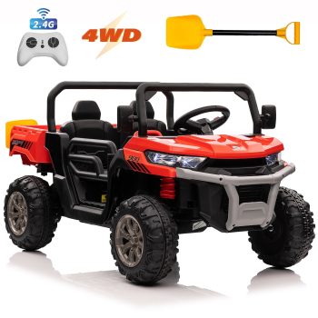 Funride 4WD 24V Kids Ride on Dump Truck with Remote Control, 2 Seater Power Car Wheels UTV Toys, Ride on Truck Car w/ Electric Dump Bed, Shovel, Bluetooth Music