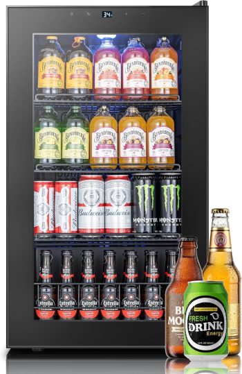 Yeego 136 Can Beverage Refrigerator Cooler, 3.4 cu.ft. Beverage Fridge with Glass Door for Home/Bar/Office, Black