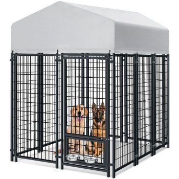 WOKEEN Large Dog Kennel Outside, 6'×4'×6',Welded Rectangular dog kennel outdoor with Waterproof Roof,2 Rotating Bowls & Secure Lock for Backyard (All Life Stages Dogs)
