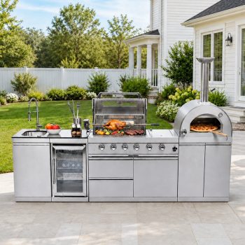 112 Inch Propane Outdoor Kitchen Island with Built-in BBQ Grill, Pizza Oven, Side Burner & Rotisserie, 108000 BTU, Includes Refrigerator, Granite Countertops, and Storage Cabinets
