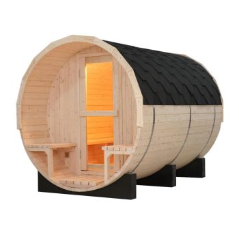 Sansheng Outdoor 6 Person Premium Solid White Pine Barrel Sauna with Spacious Front Porch and 6 Kilowatt Heater for Backyard