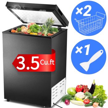 Auseo Mini Freezer Chest 3.5 cu ft, Deep Freezer & Side Handle, Compact Freezer with 7 Gear Adjustable Temperature, Removable Storage Basket*2, Energy Saving