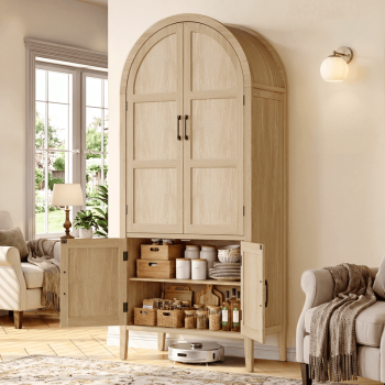 71" Tall Wooden Arched Kitchen Pantry Cabinet, 5-Tier Storage Cabinet with Doors and Adjustable Shelves, Farmhouse Arched Cupboard with Adjustable Feet for Kitchen, Dining Room, Living Room