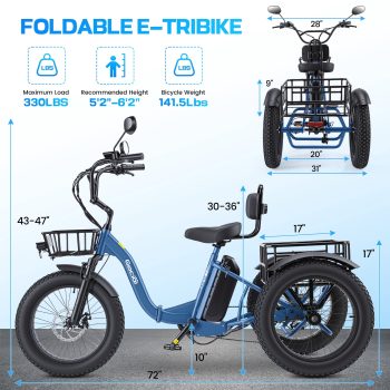 Gocio 20" x 4.0 Fat Tire Electric Tricycle for Adults,750W E-Trike With 48V/18AH Large-Capacity Battery UL2849 Certified,Max 15.5Mph 7-Speed Folding Electric Tricycle With Basket