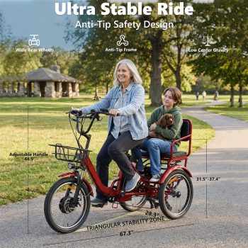 NOMIGO Two-Seat Electric Tricycle for Adults, Foldable 3 Wheel E-Bike for Errands with Rear Seat, Large Baskets and 48V Battery
