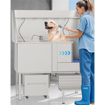 Noble House 50" Stainless Steel Dog Washing Station, Pet Grooming Tub with Ramp, Shower Head & Storage Rack, Silver
