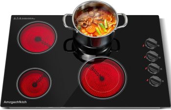 30 Inch Electric Cooktop 4 Burners Built-in Ceramic Cooktop, 30" Radiant Electric Stove Top with Knob Control, Hot Surface Indicator, 6700W, 220-240V Hard Wire(No Plug)
