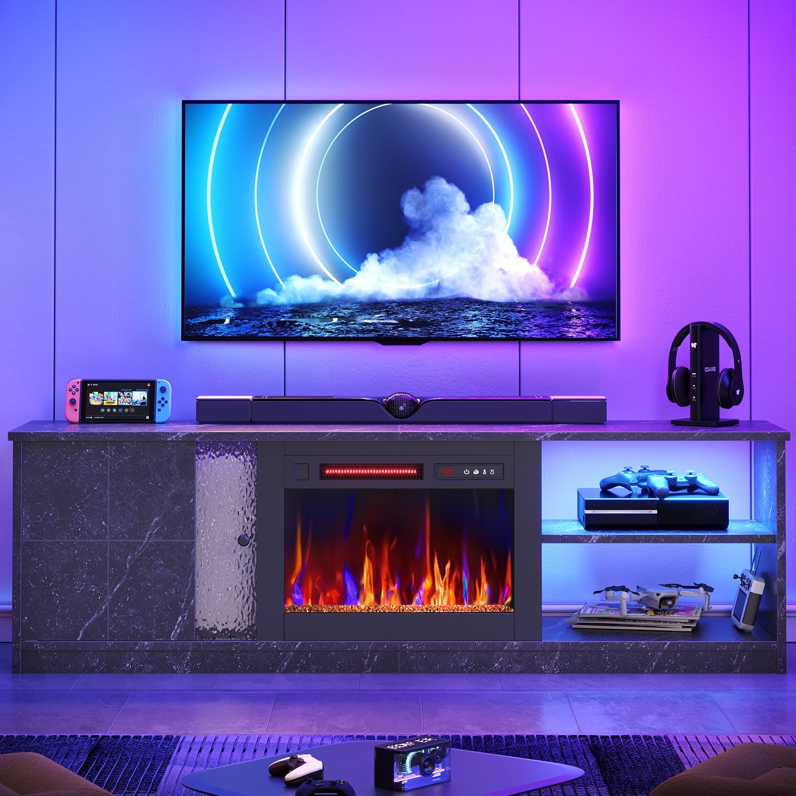 Pinmoco Electric for TVs up to 70", LED Entertainment Center With Cabinet & Shelves, TV Media Console Table for Living Room, Bedroom