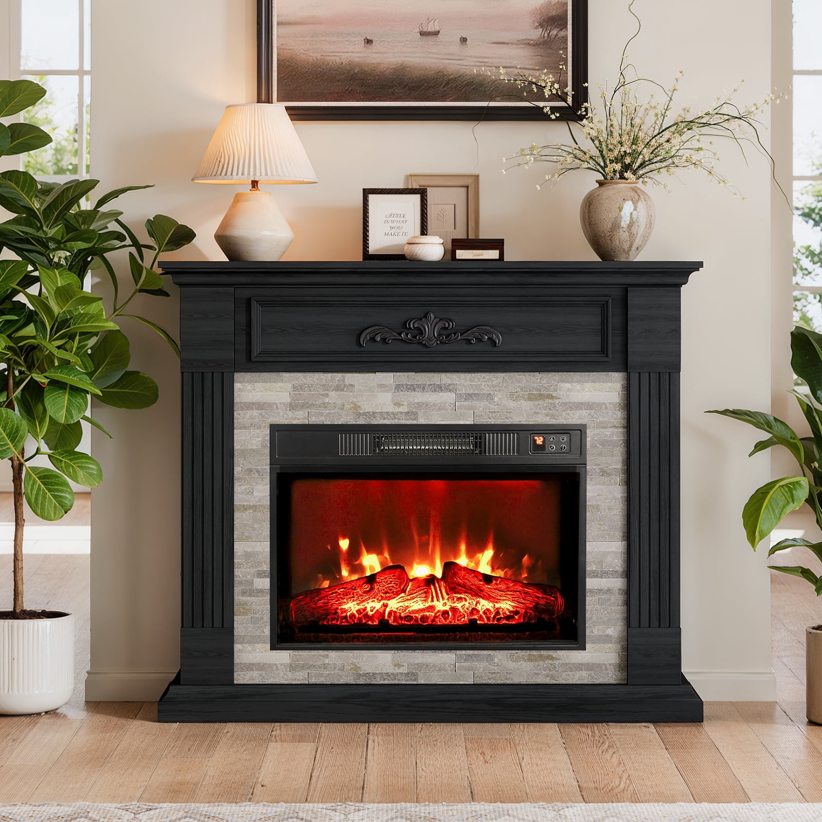 LGHM 44" Electric Fireplace with Mantel, Free Standing Fireplace Heater with Wooden Stacked Stone Surround for Living Room, Bedroom, Black