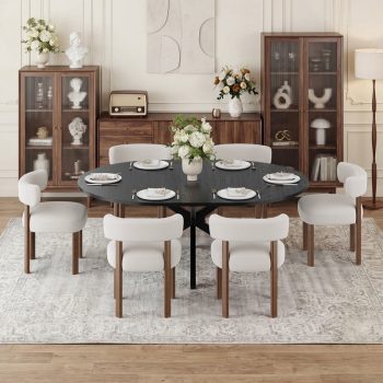 EOP 7-Piece Dining Set with Expandable 43″- 59″ Dining Table and 6 Upholstered Chairs for Small Spaces Small Home Kitchen Apartment, Table with Chairs