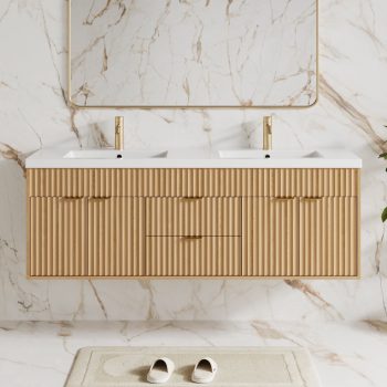 ASTUVIA 60" Fluted Bathroom Vanity Cabinet with 2 Drawers,Bathroom Vanity with Sink and 4 Soft-Close Doors,Floating Bathroom Sink Cabinet,OAK