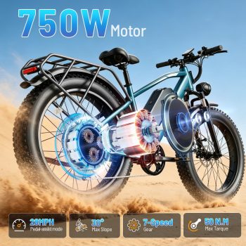 YareYi Electric Bike for Adults 26", 750W Rated E-Mountain Bicycle, 28MPH Class 3 Fat Tire Ebike, 48V 15Ah Removable Battery, 7 Speed and Front Suspension with Rear Rack, UL2849 Certified