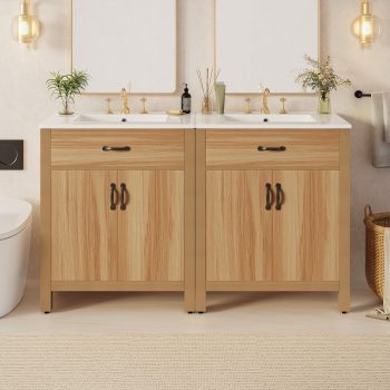 Harper & Bright Designs 60" Bathroom Vanity with Double Sink, Freestanding Bathroom Vanity Cabinet with Flip Drawer, Bathroom Sink Storage Cabinet with Door Storage and Adjustable Shelf, Wood