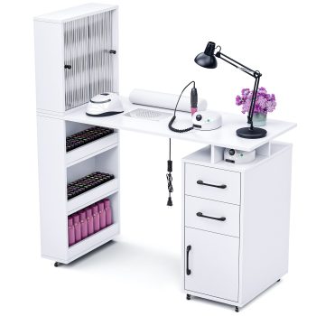 Advwin Manicure Table Nail Desk for Nail Tech with Wrist Cushion, Lockable Wheels, Electric Downdraft Vent, Storage Cabinet & Shelves