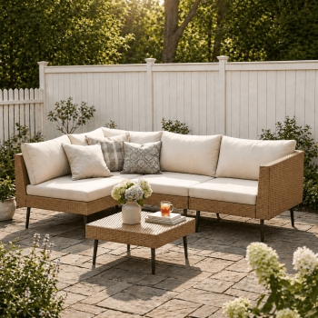 LAZZO 5-Piece Outdoor Patio Furniture Set, Wicker Sectional Sofa Conversation Set with Cushions for Backyard, Porch and Deck, Beige
