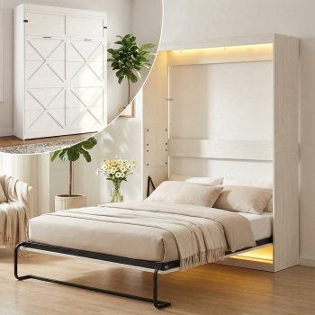 Puremind Murphy Bed with LED Lights, Hidden Murphy Wall Bed with Gas-Lift, Cabinet Bed for Bedroom/Guest Room, Without Mattress