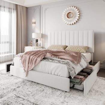 Einfach Bed Frame with Adjustable Upholstered Velvet Headboard and 4 Storage Drawers, No Box Spring Required