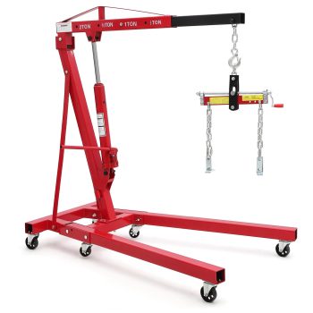 2 Ton Folding Hydraulic Engine Hoist Cherry Picker, 4400 lb Shop Crane - Adjustable Telescoping Boom (0.5T-2T), 6 Swivel Casters - for Garage/Workshop/Warehouse - Red, With Load Leveler