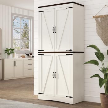ChVans 71" Tall Farmhouse Kitchen Pantry Storage Cabinet, 5 Layers Freestanding Cupboard with Adjustable Shelves & Load-Bearing Steel Pipe & 4 Barn Doors for Kitchen, Dining Room, Living Room