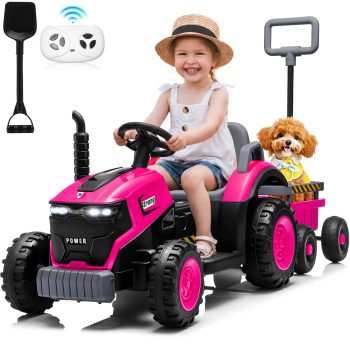 Joyracer 12V Ride on Toys, 2-in-1 Ride on Tractor with Detachable Trailer & Remote Control, Power Car Wheels w/ Shovel, Bluetooth, Music, LED Lights