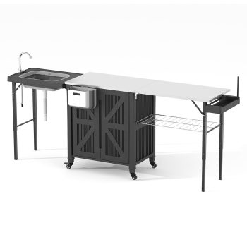 Betisef Outdoor Kitchen Island with Sink & Storage, Stainless Steel Top BBQ Prep Table, Foldable Sink, Expandable Side Tables, Rolling Grill Cart with Lockable Wheels for Patio Backyard Garden