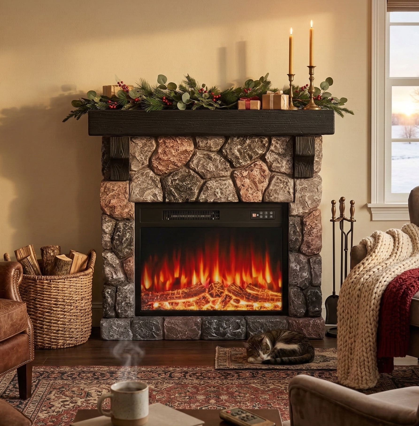 Waleaf Electric Fireplace with Mantel, 36 inch Freestanding Stone Fireplace Heater TV Stand with Remote Control